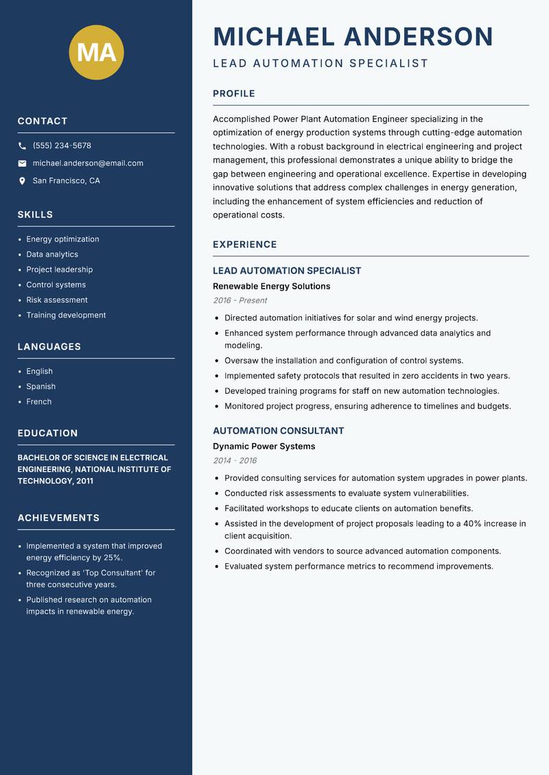 Power Plant Automation Engineer resume template — Classic Clean