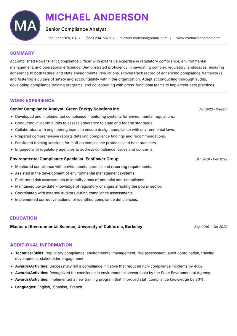 Power Plant Compliance Officer resume example — ATS-friendly template