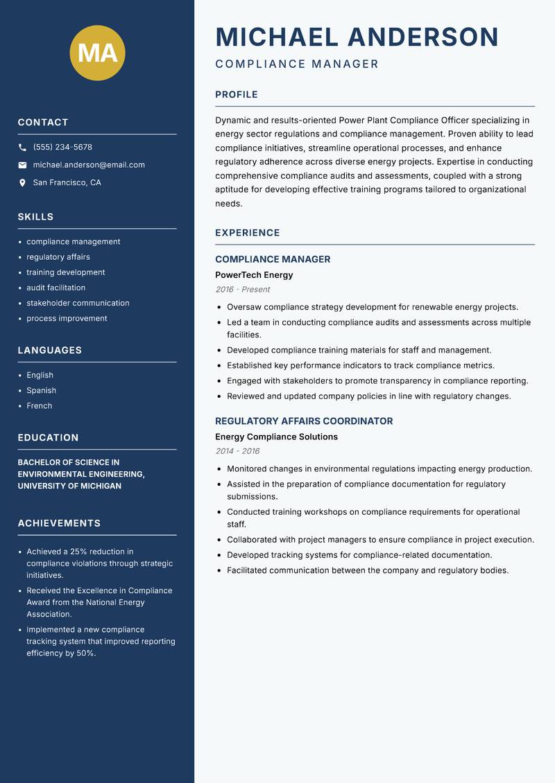 Power Plant Compliance Officer resume template — Classic Clean
