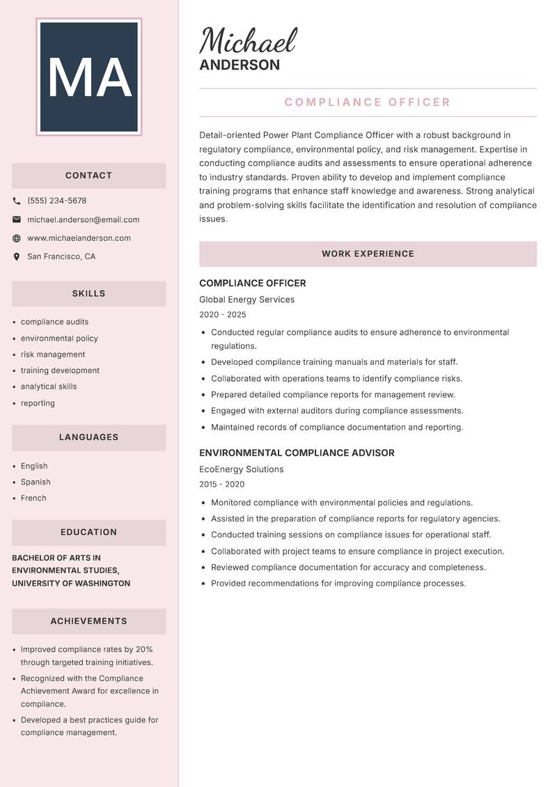 Power Plant Compliance Officer resume template — Executive