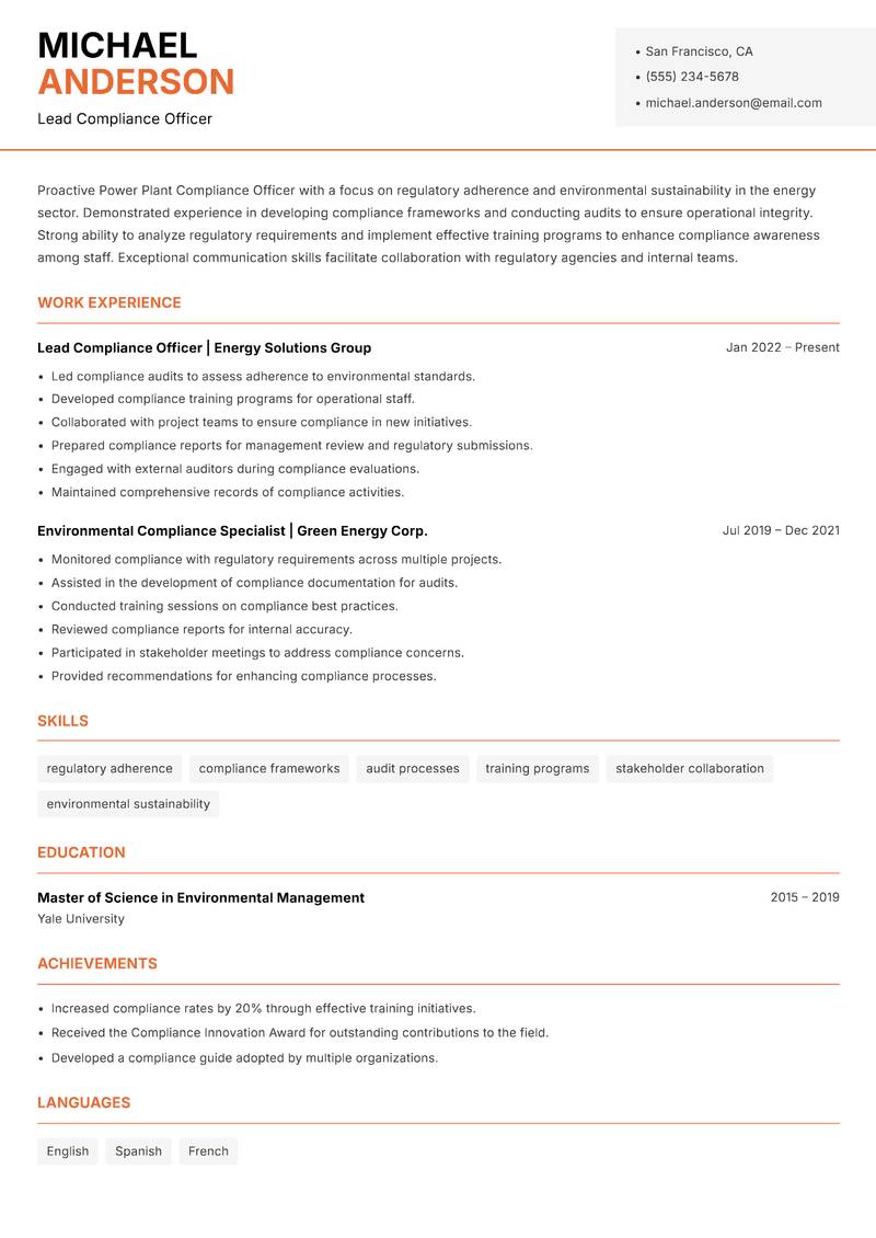 Power Plant Compliance Officer resume template — Modern Professional