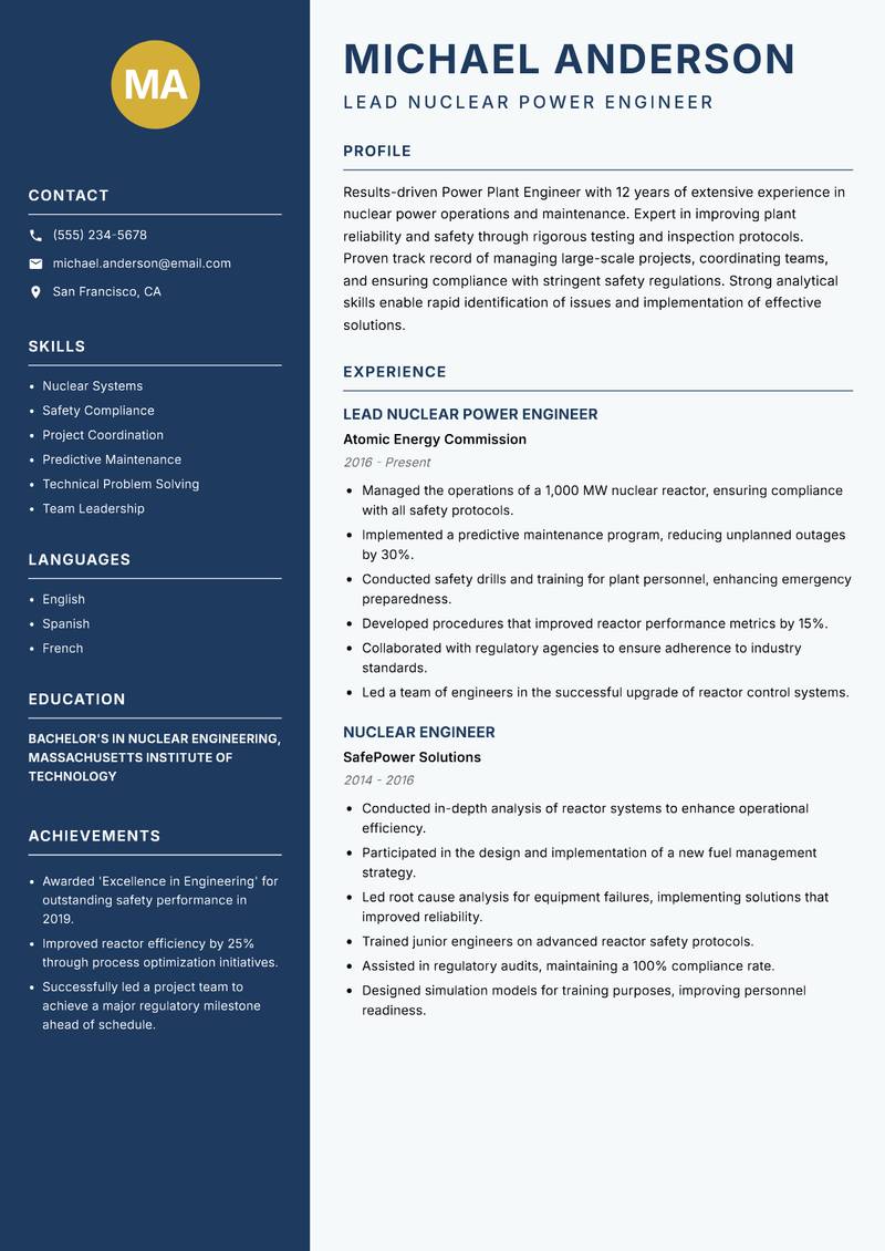 Power Plant Engineer resume template — Classic Clean
