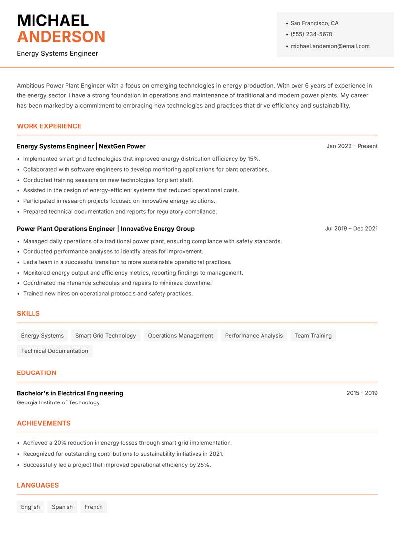 Power Plant Engineer resume template — Modern Professional