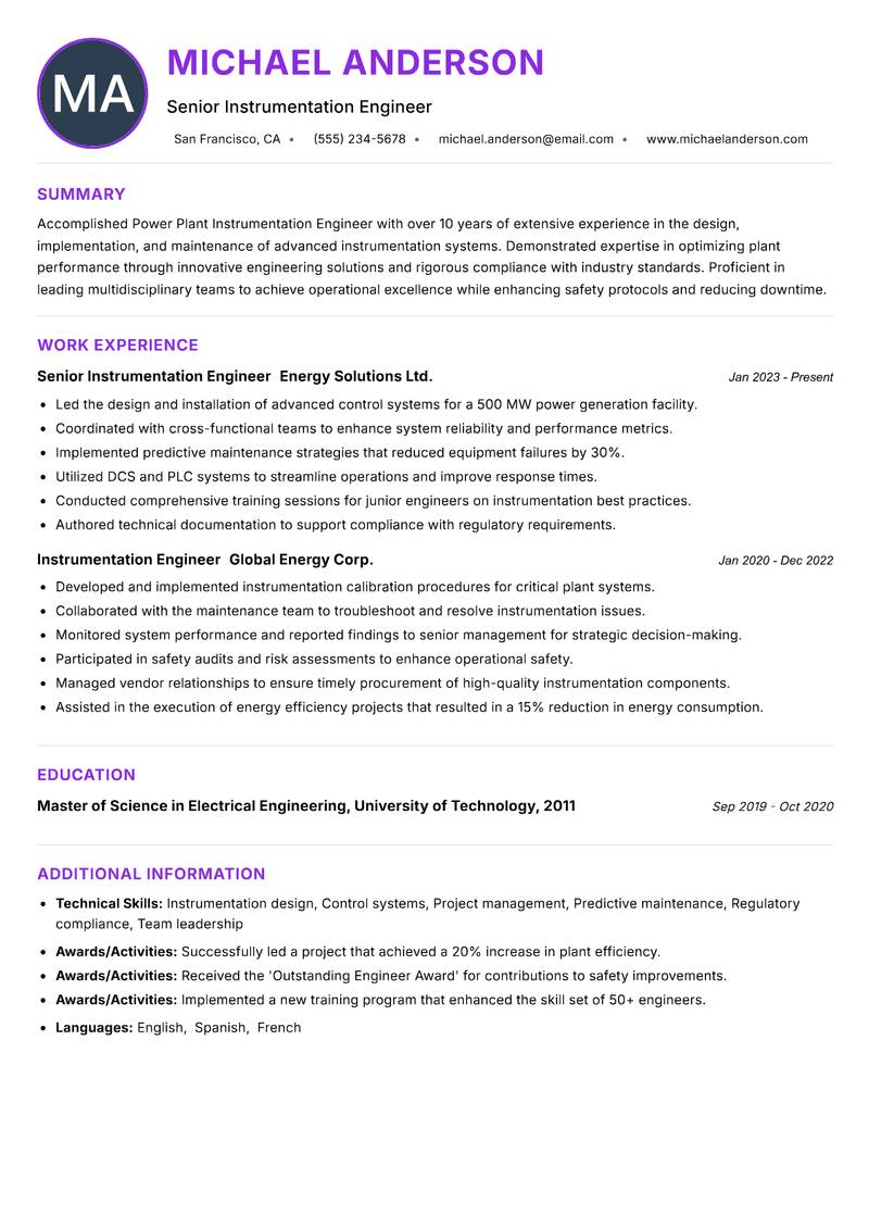 Power Plant Instrumentation Engineer resume example — ATS-friendly template