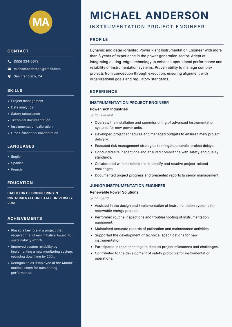 Power Plant Instrumentation Engineer resume template — Classic Clean
