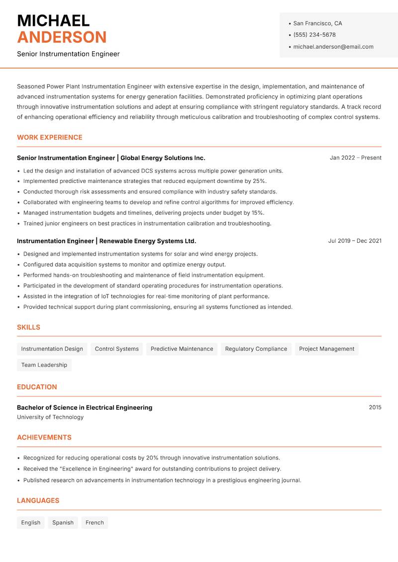Power Plant Instrumentation Engineer resume template — Modern Professional