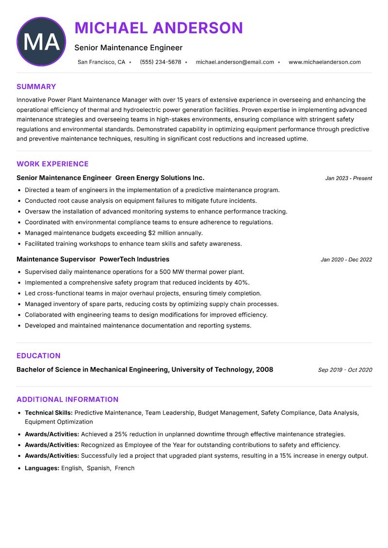 Power Plant Maintenance Manager resume example — ATS-friendly template
