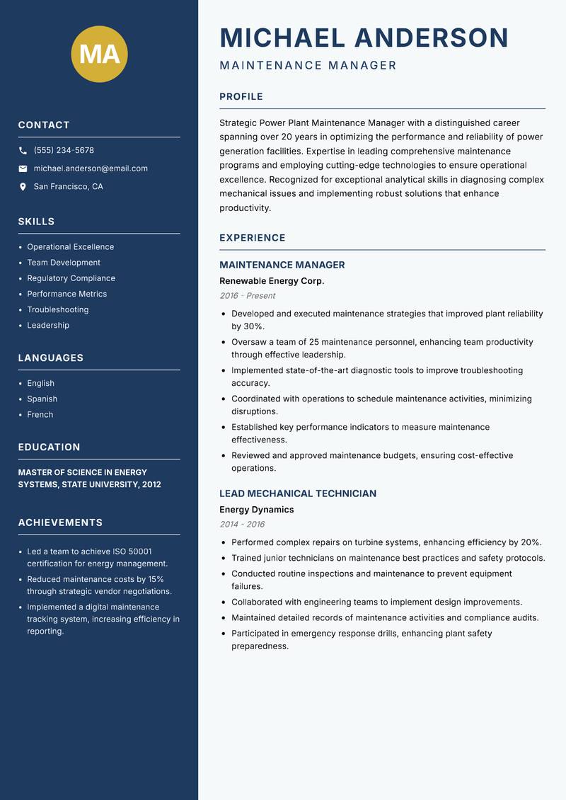 Power Plant Maintenance Manager resume template — Classic Clean