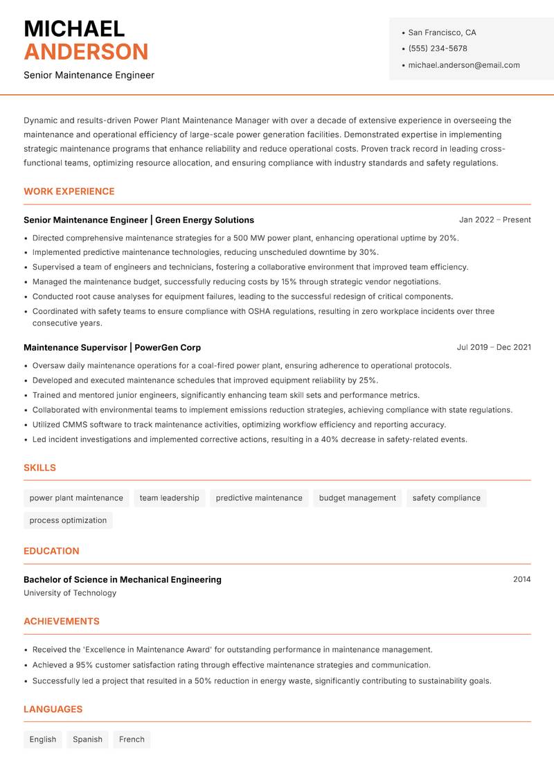 Power Plant Maintenance Manager resume template — Modern Professional