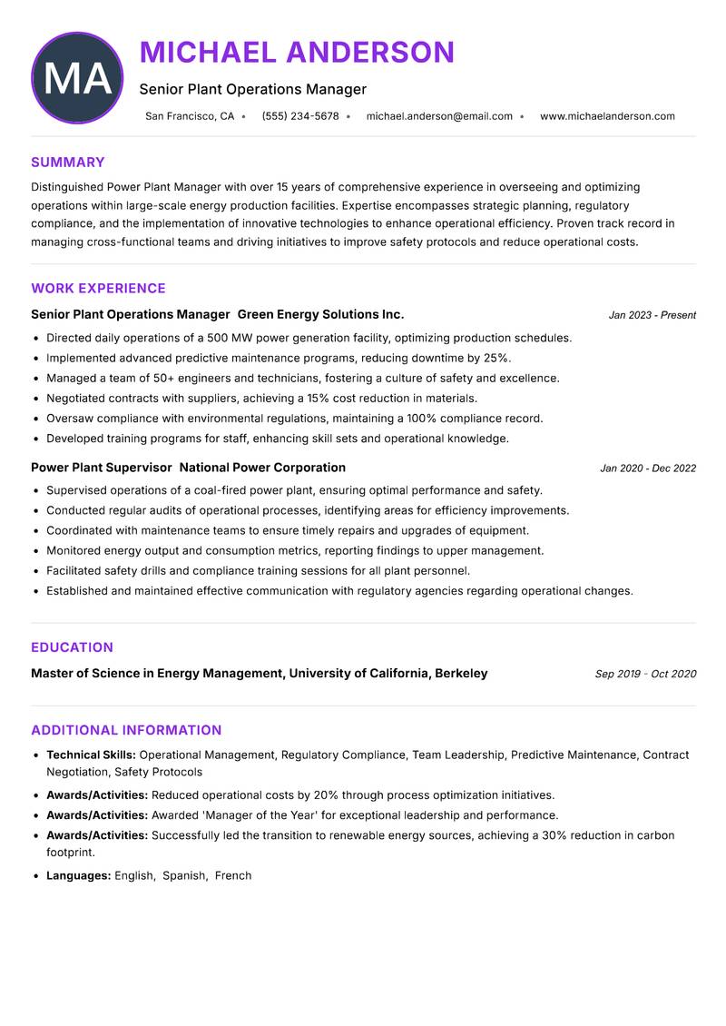Power Plant Manager resume example — ATS-friendly template