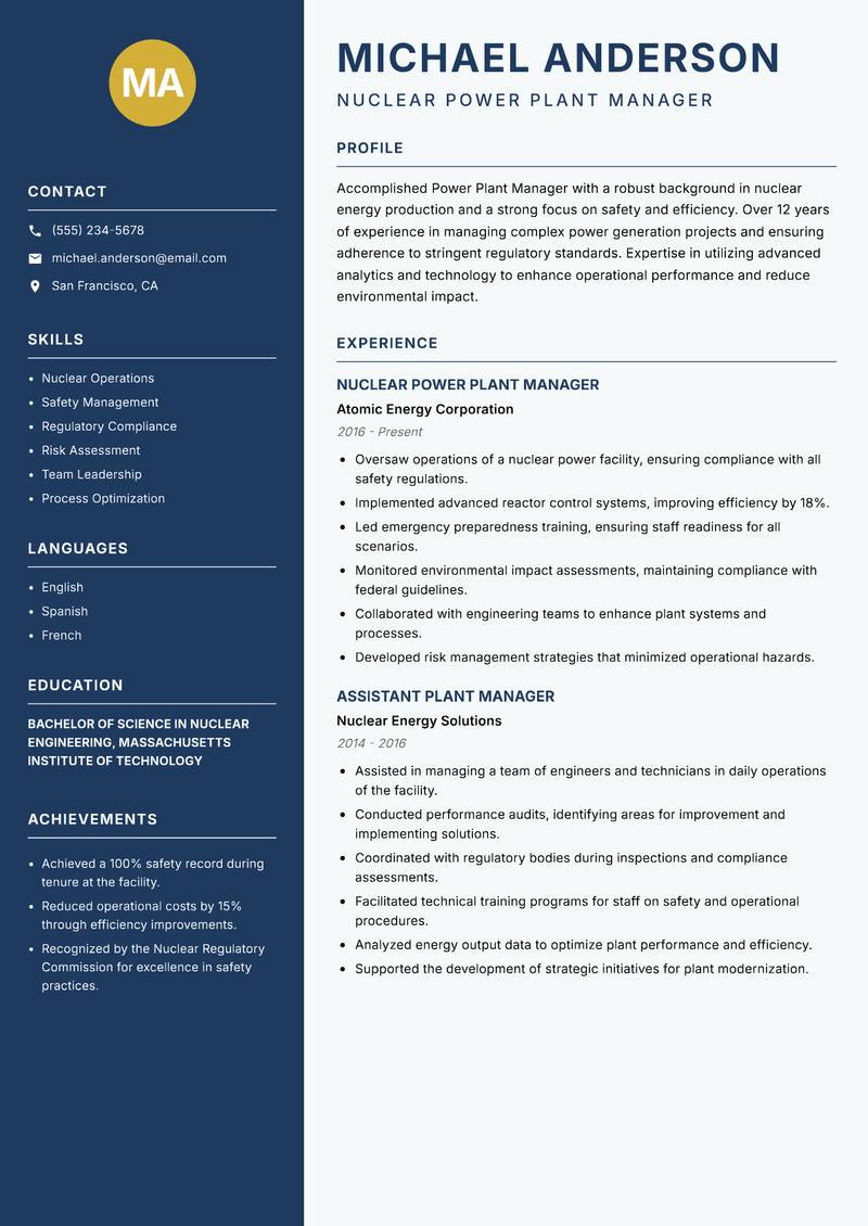 Power Plant Manager resume template — Classic Clean