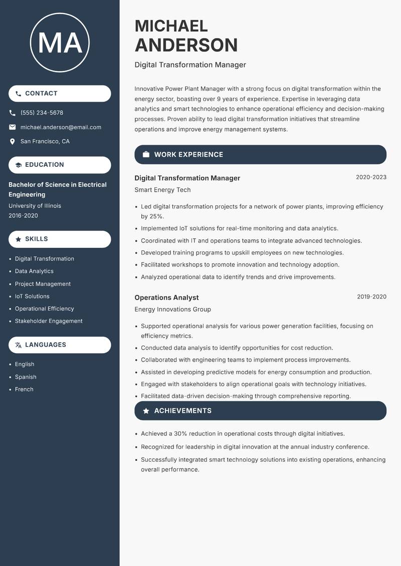 Power Plant Manager resume template — Compact