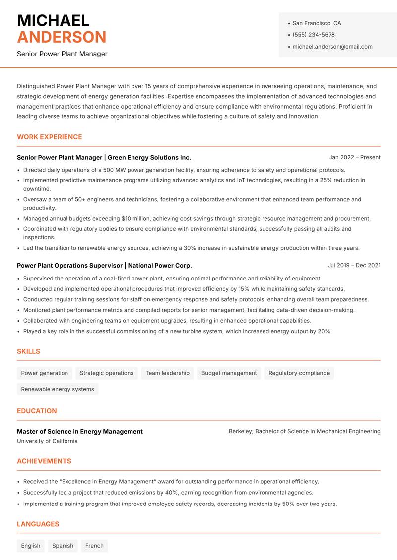 Power Plant Manager resume template — Modern Professional
