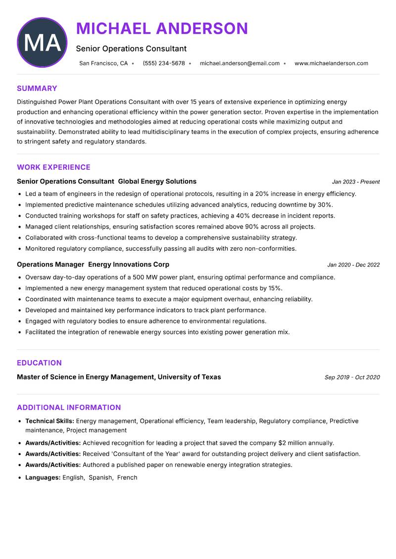 Power Plant Operations Consultant resume example — ATS-friendly template