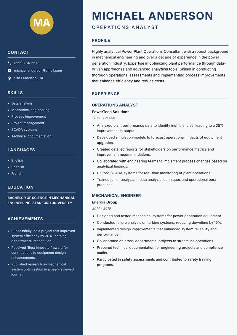 Power Plant Operations Consultant resume template — Classic Clean