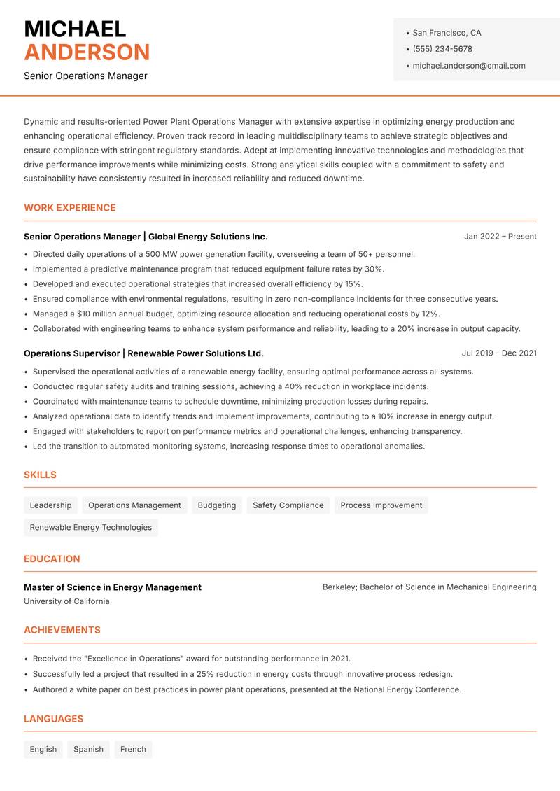 Power Plant Operations Manager resume template — Modern Professional