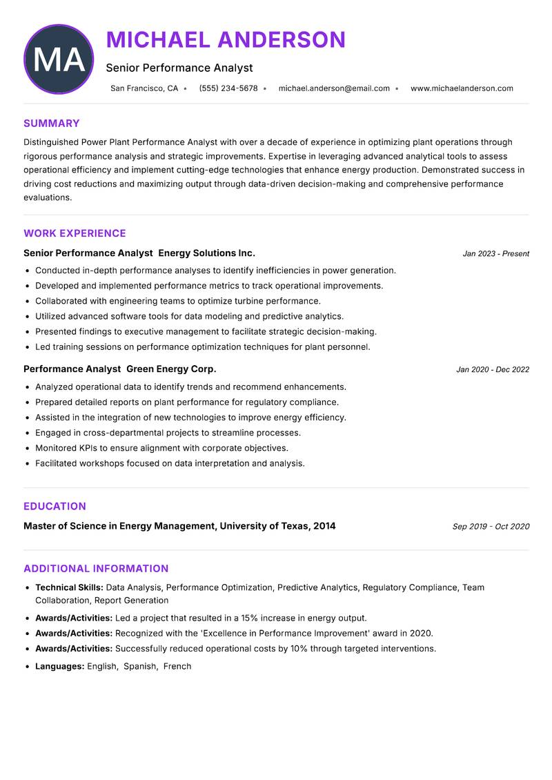 Power Plant Performance Analyst resume example — ATS-friendly template