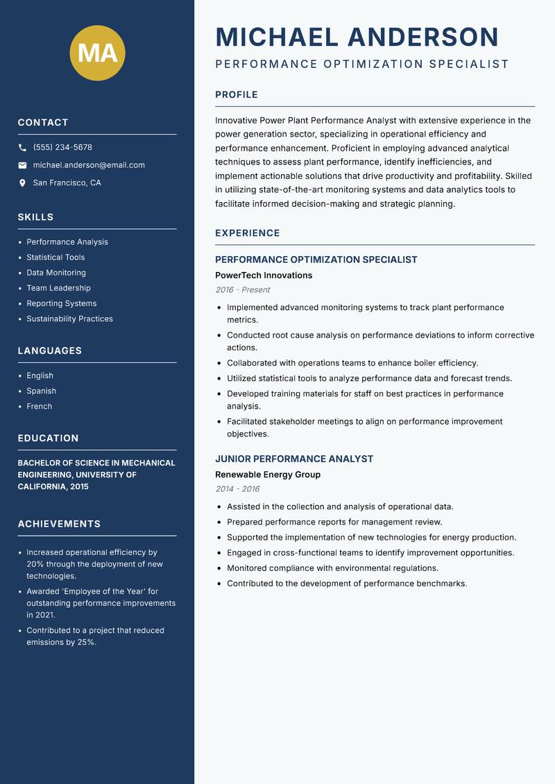 Power Plant Performance Analyst resume template — Classic Clean