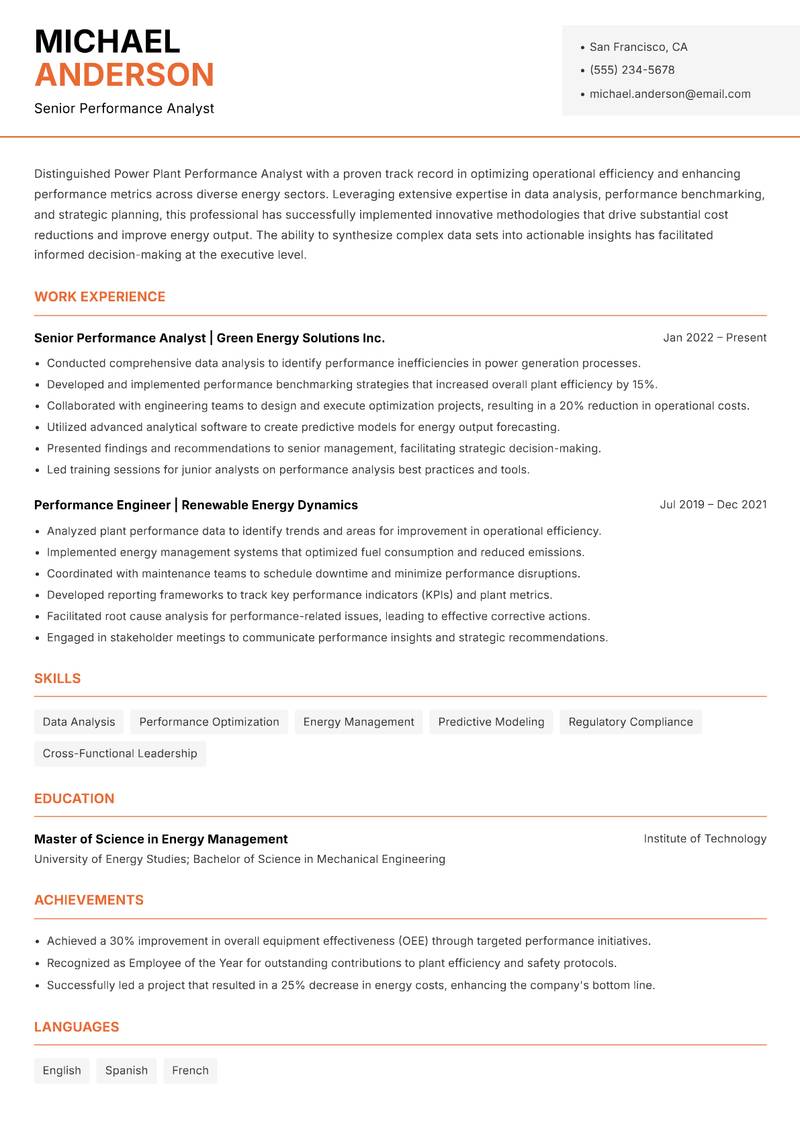Power Plant Performance Analyst resume template — Modern Professional