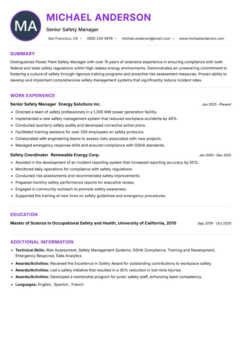 Power Plant Safety Manager resume example — ATS-friendly template