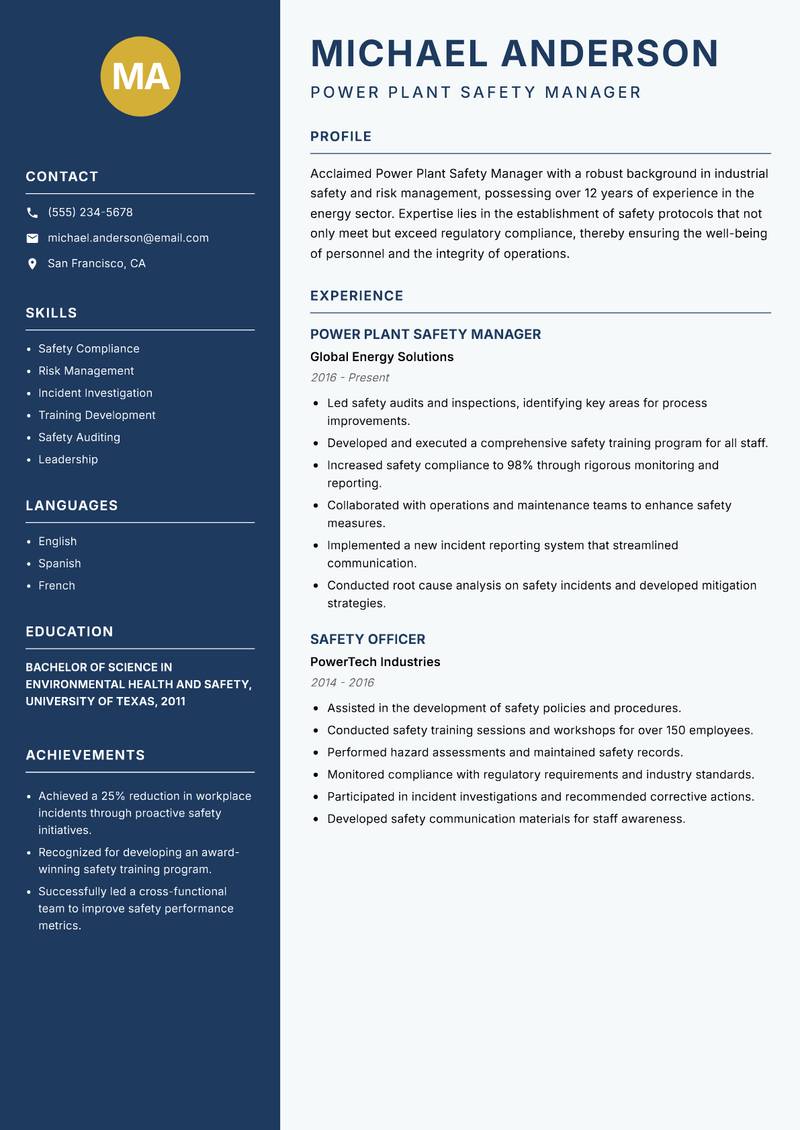Power Plant Safety Manager resume template — Classic Clean