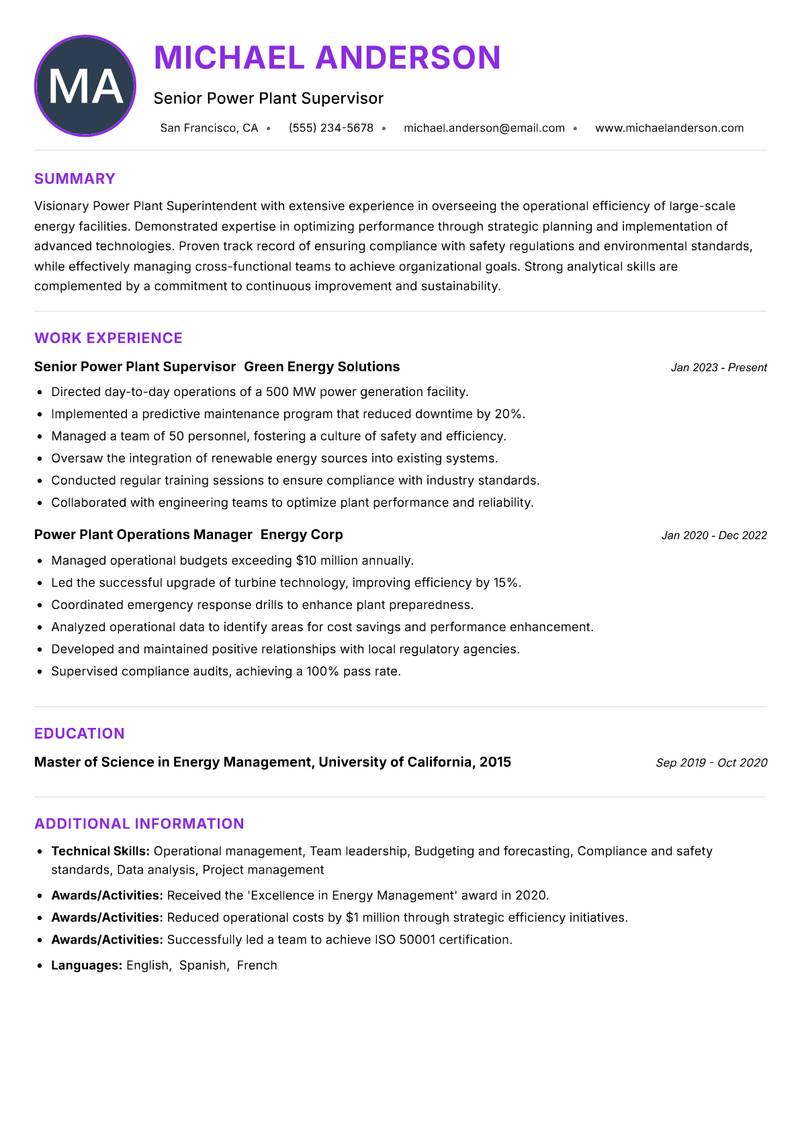 Power Plant Superintendent resume example — ATS-friendly template