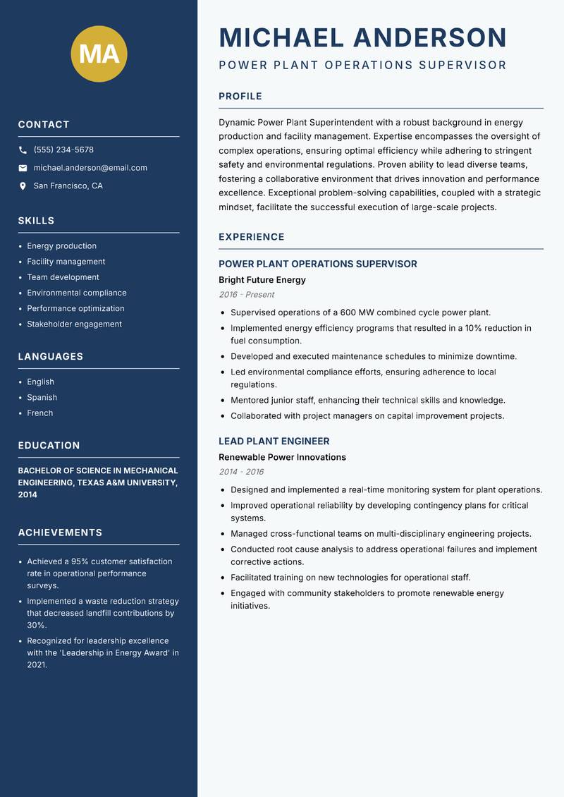 Power Plant Superintendent resume template — Classic Clean