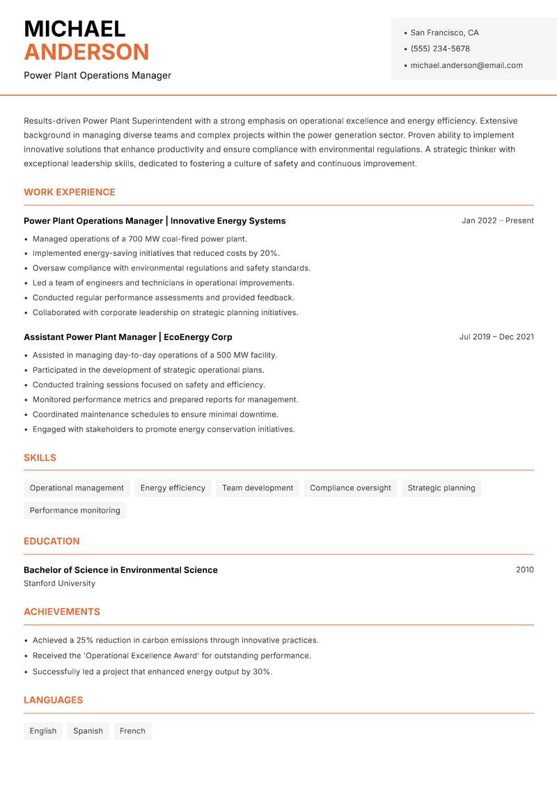 Power Plant Superintendent resume template — Modern Professional