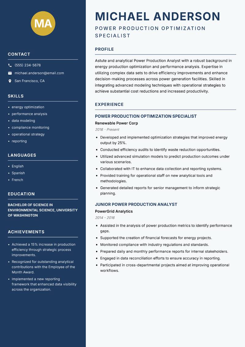 Power Production Analyst resume template — Classic Clean