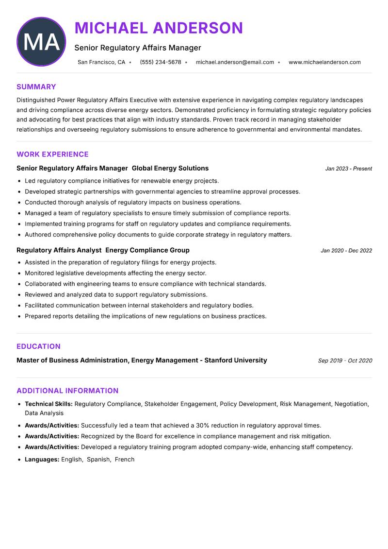 Power Regulatory Affairs Executive resume example — ATS-friendly template