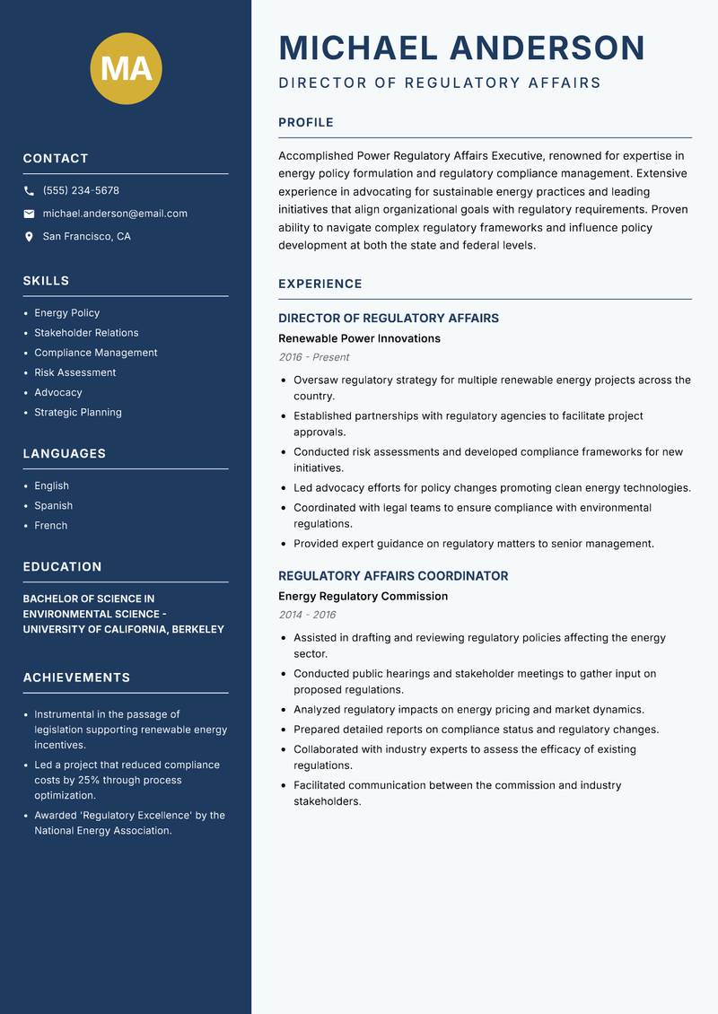 Power Regulatory Affairs Executive resume template — Classic Clean