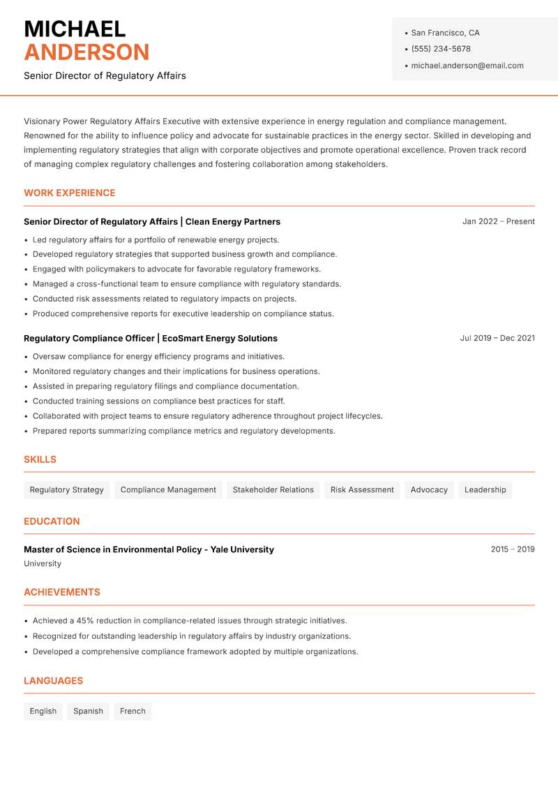 Power Regulatory Affairs Executive resume template — Modern Professional