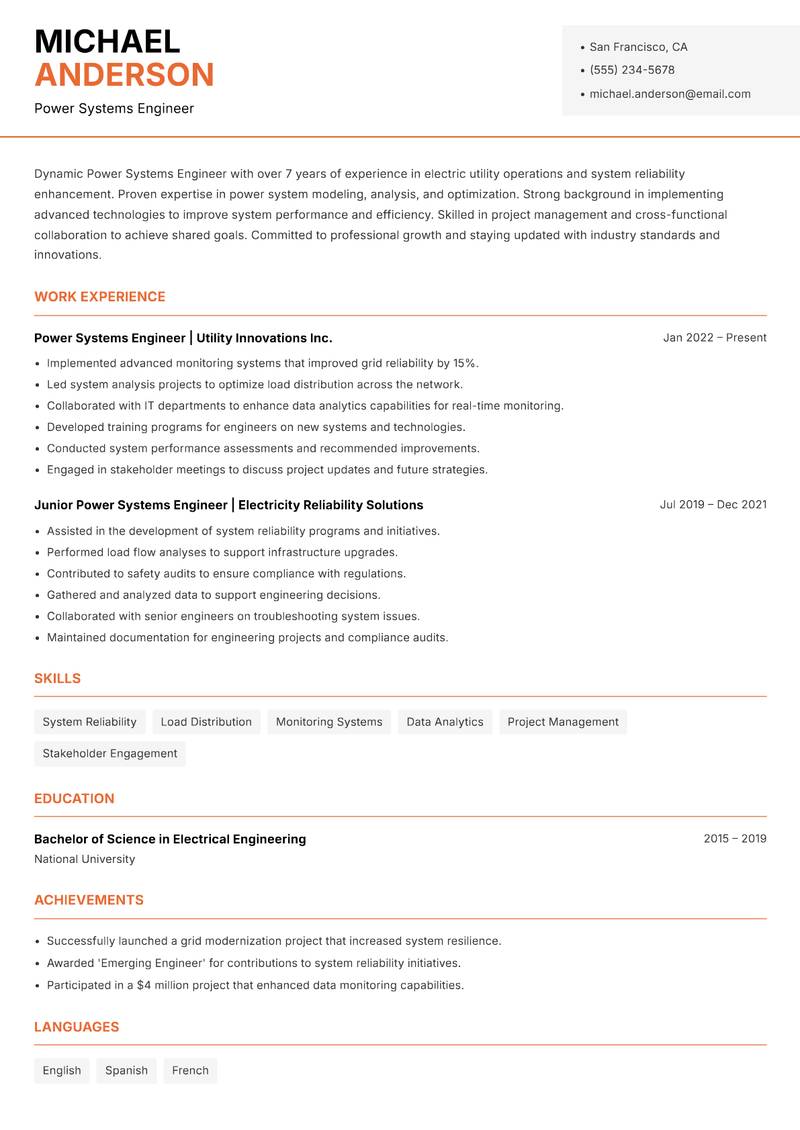 Power Systems Engineer resume template — Modern Professional
