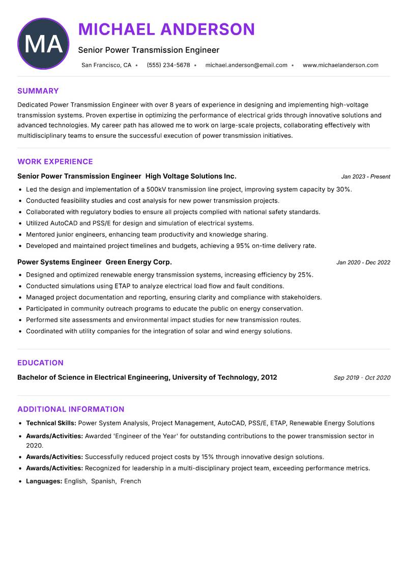 Power Transmission Engineer resume example — ATS-friendly template