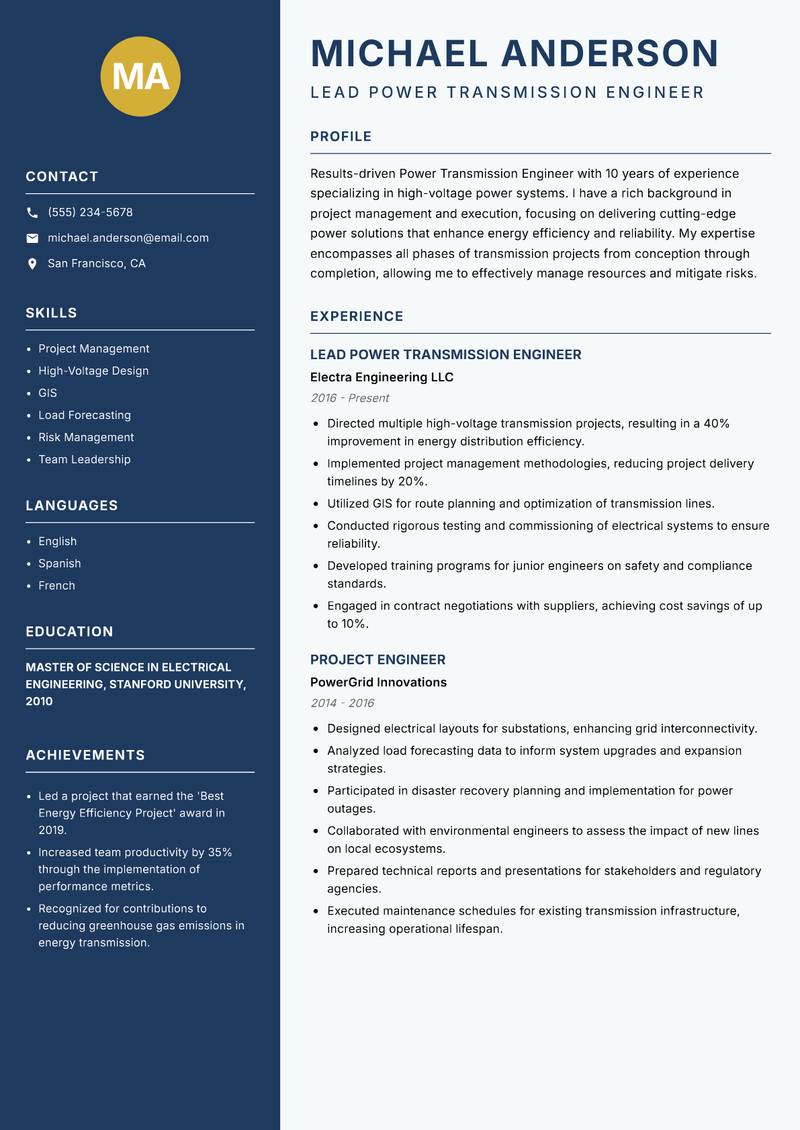 Power Transmission Engineer resume template — Classic Clean