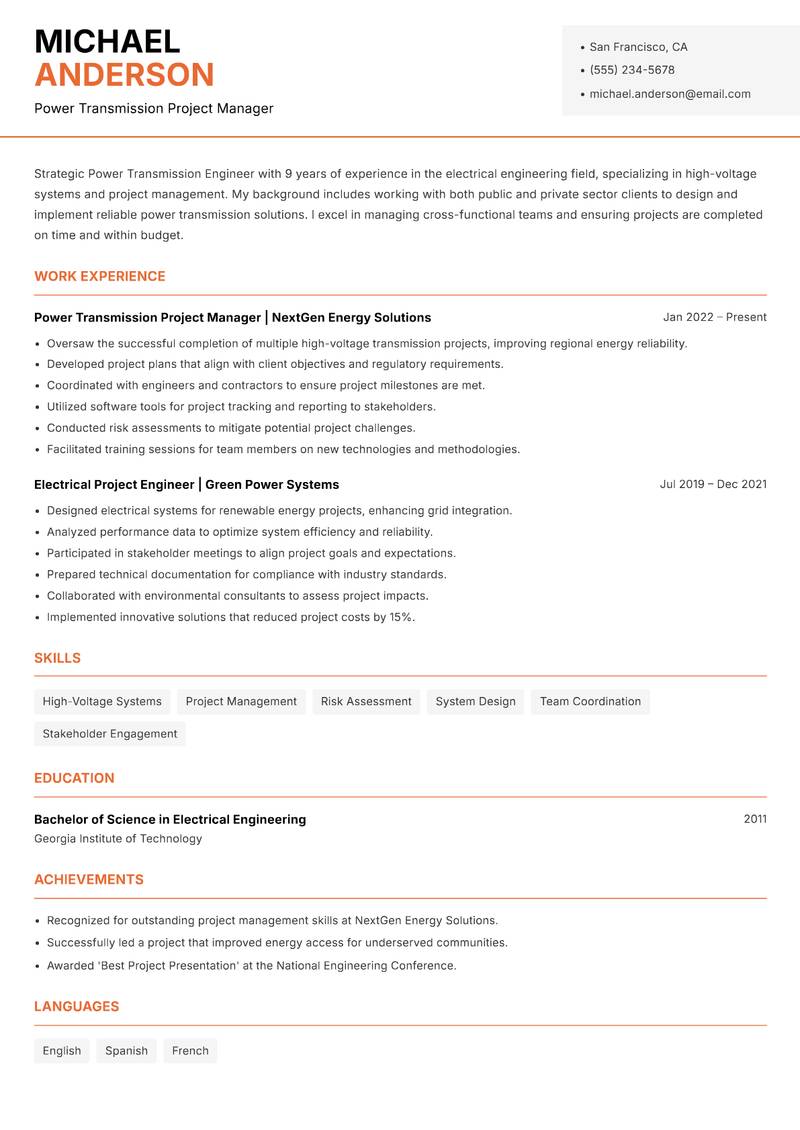Power Transmission Engineer resume template — Modern Professional