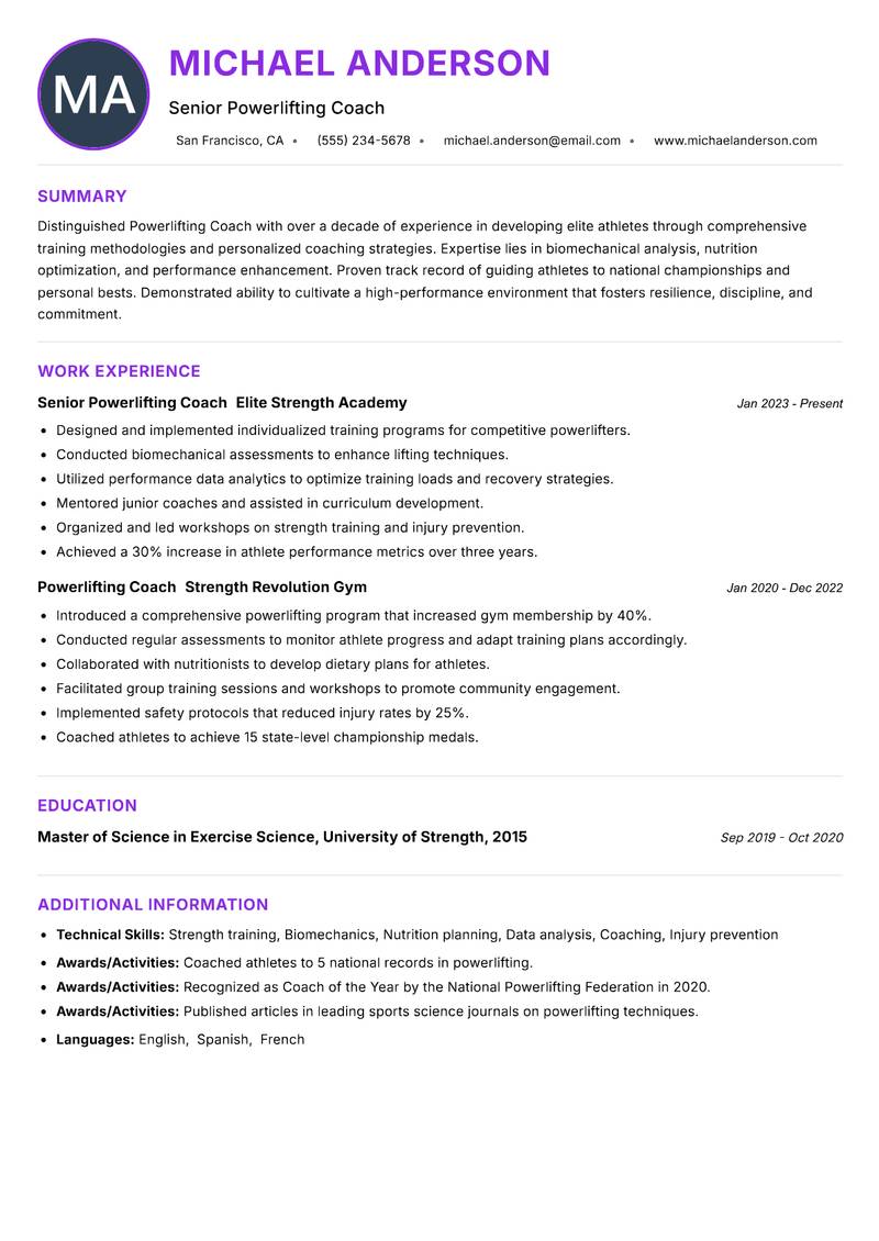Powerlifting Coach resume example — ATS-friendly template