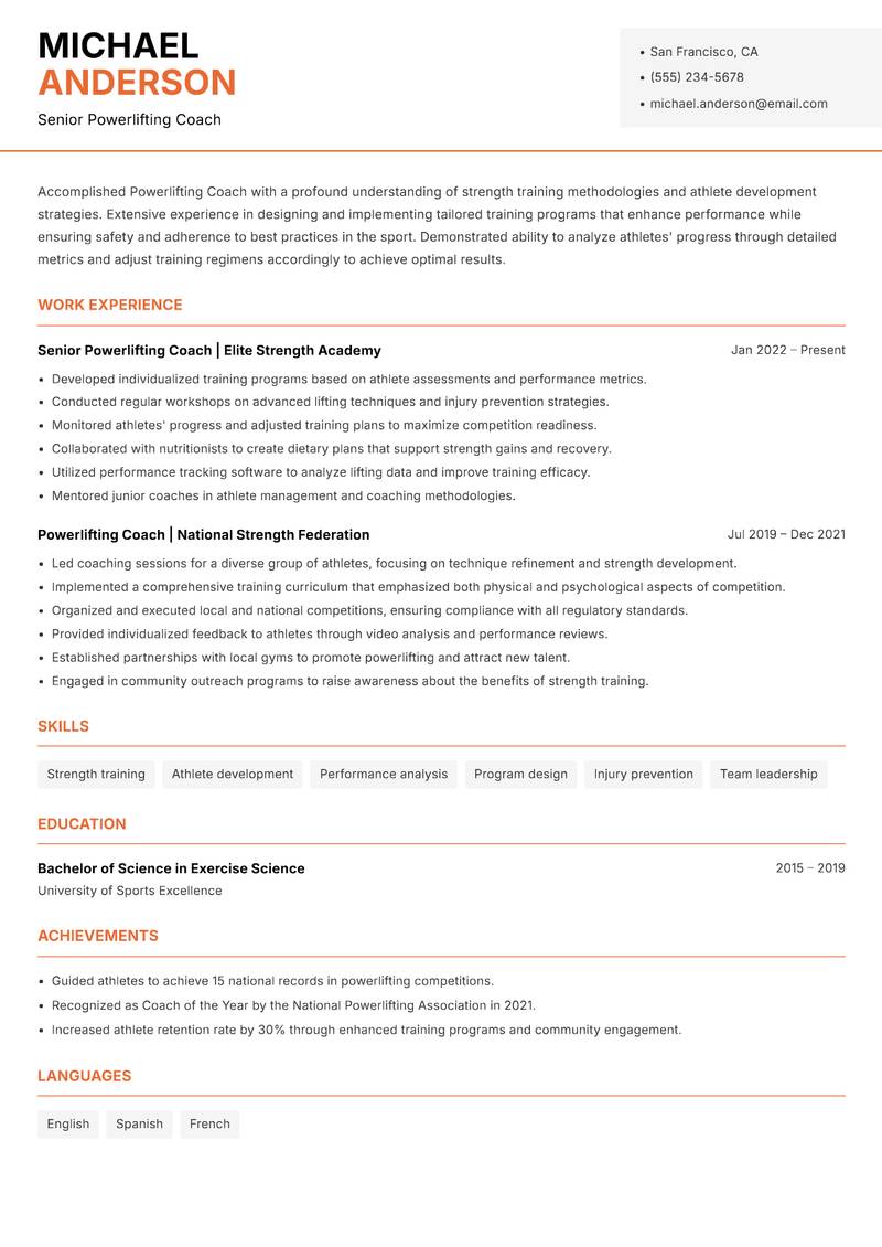 Powerlifting Coach resume template — Modern Professional