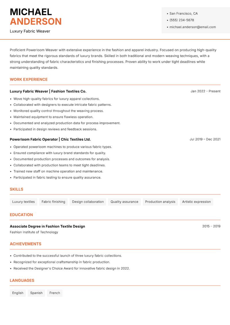 Powerloom Weaver resume template — Modern Professional