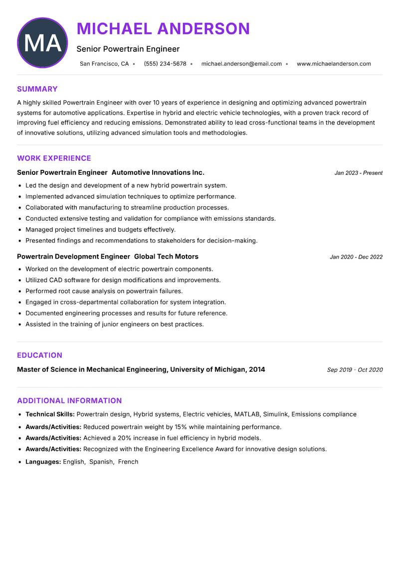 Powertrain Engineer resume example — ATS-friendly template
