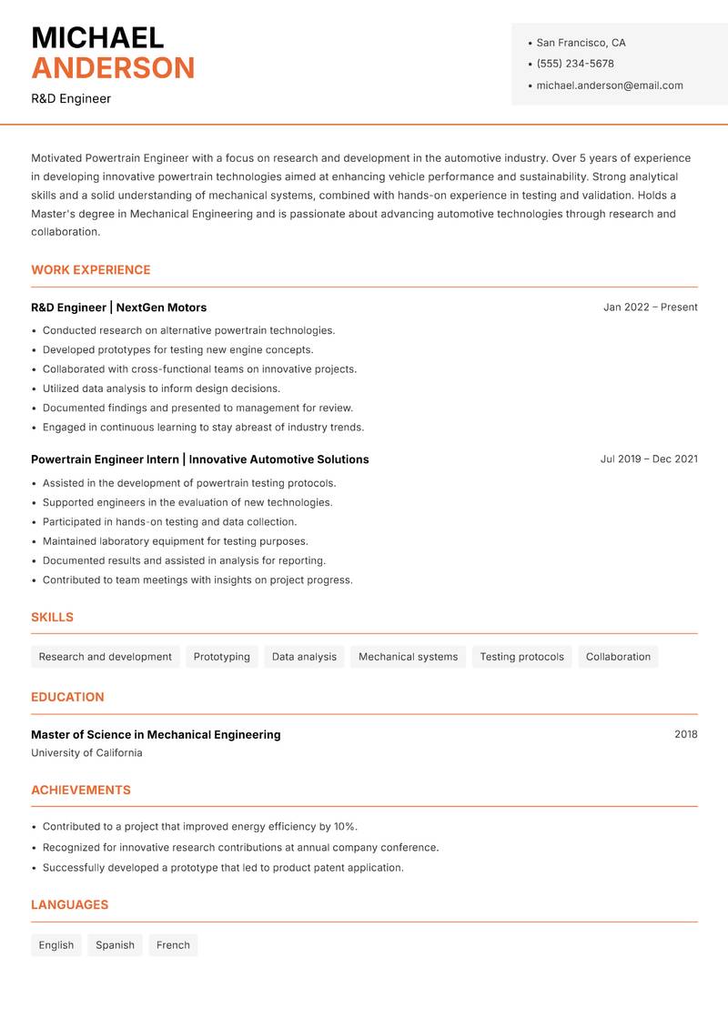 Powertrain Engineer resume template — Modern Professional