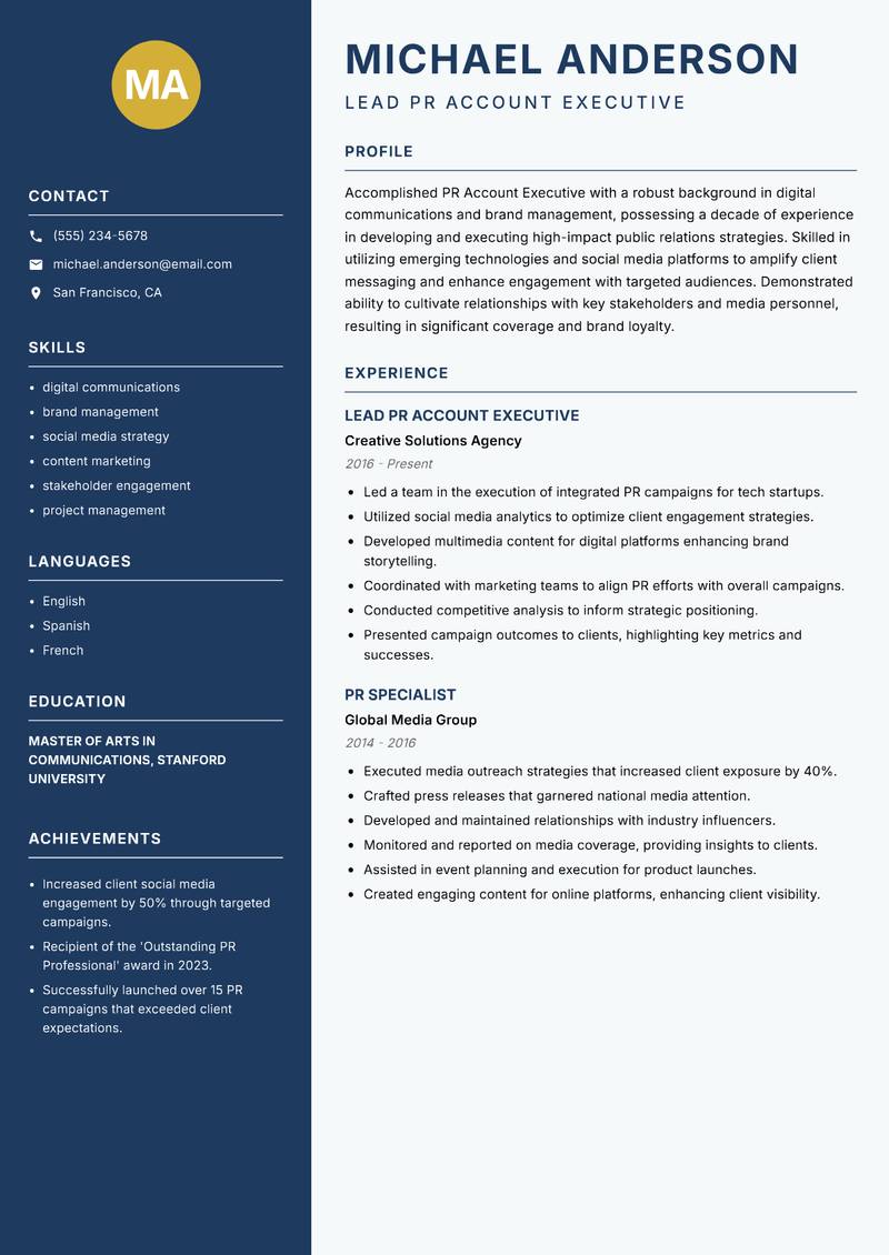 PR Account Executive resume template — Classic Clean