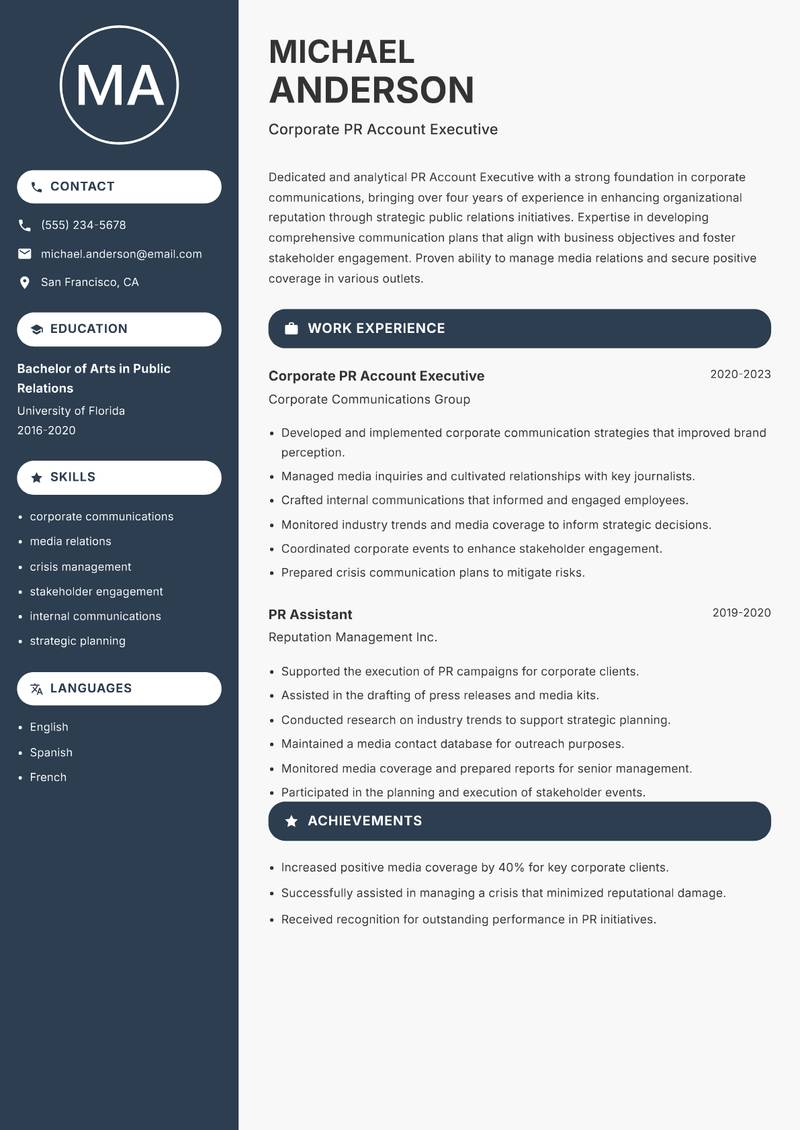 PR Account Executive resume template — Compact
