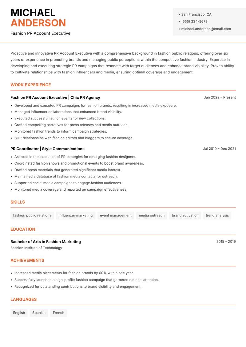 PR Account Executive resume template — Modern Professional