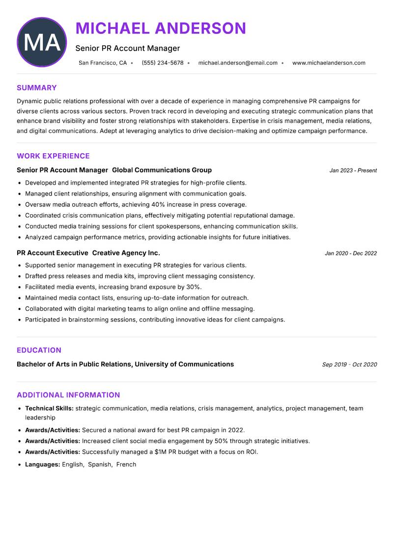 PR Account Manager resume example — ATS-friendly template
