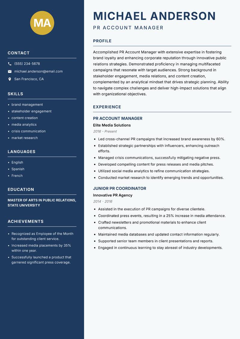 PR Account Manager resume template — Classic Clean