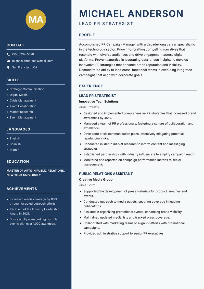 PR Campaign Manager resume template — Classic Clean