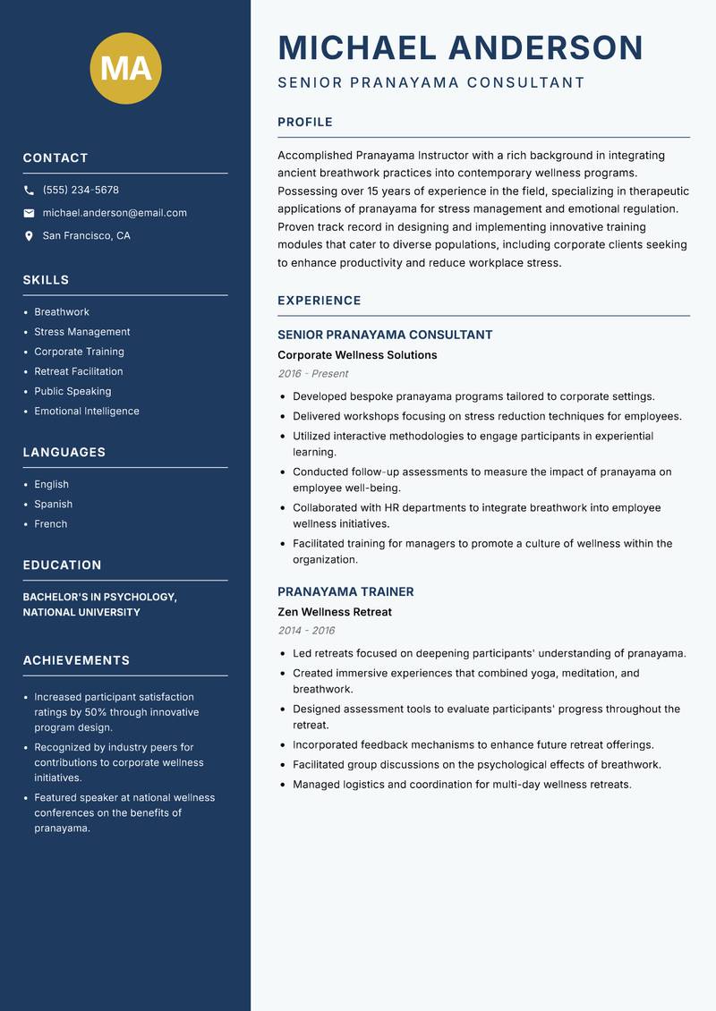 Pranayama Instructor resume template — Classic Clean