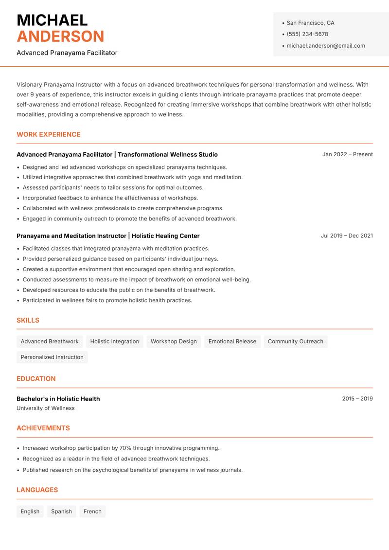 Pranayama Instructor resume template — Modern Professional