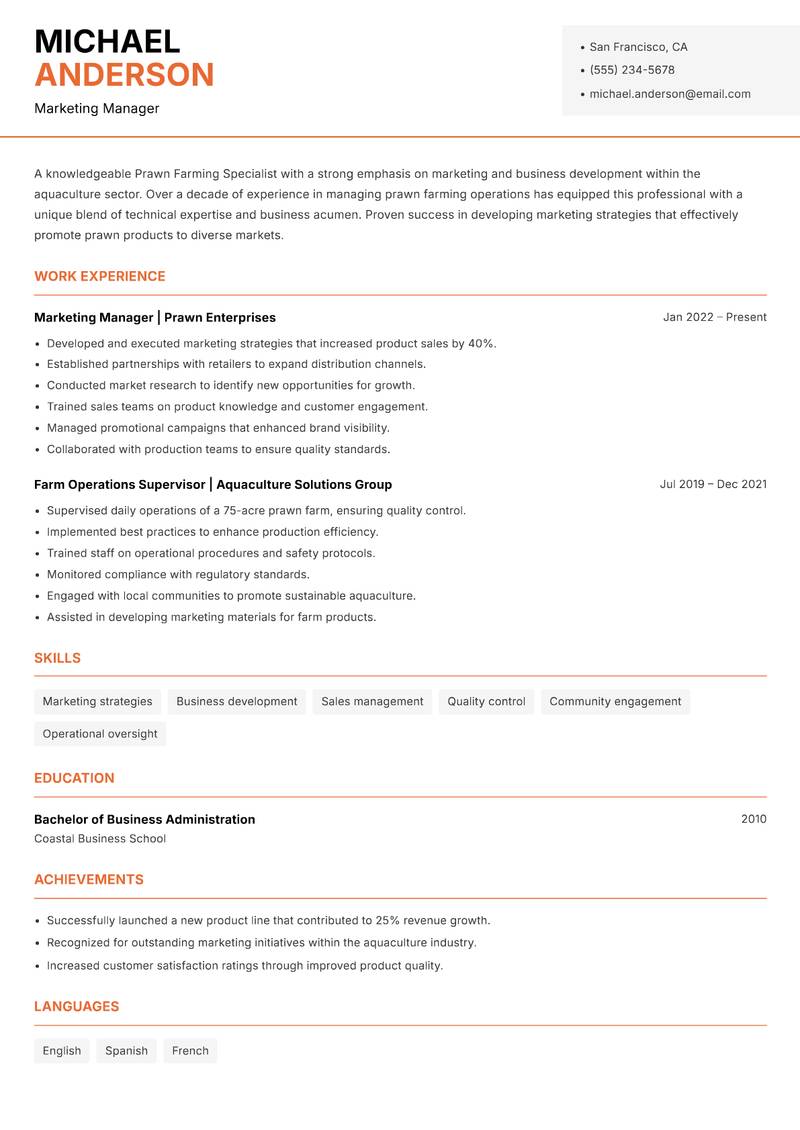Prawn Farming Specialist resume template — Modern Professional